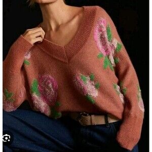 Anthropologie Pink Floral V-Neck Sweater